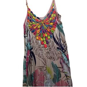 MONACO Vibrant Tropical Leaf‎ Embroidered Maxi Dress